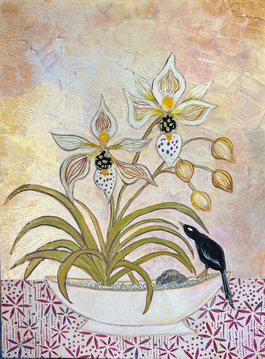Black Crow and Orchids $350 Original 18x24 Acrylic/Mixed Media