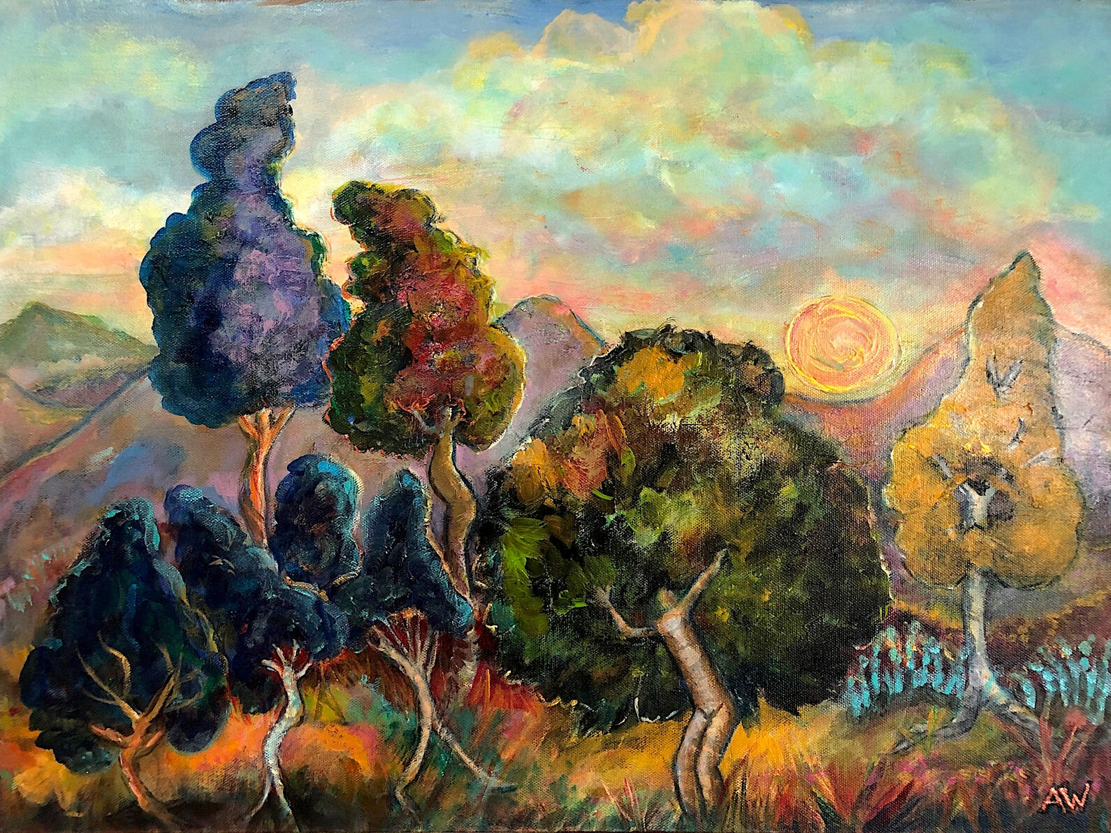 Dancing Trees 2 $250 Glicée Canvas Print embellished with paint 16x20 Acrylic